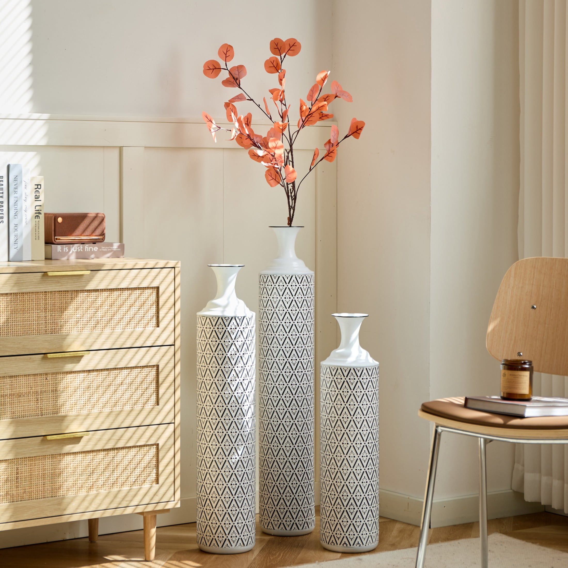Noble House 33.85", 29.13", 24.8" Metal Floor Vase Set of 3, Geometric Pattern, White+Black