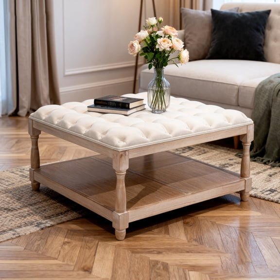 Noble House 33" Large Square Tufted Storage Ottoman Coffee Table with Storage Shelf and Solid Wood Base, Beige
