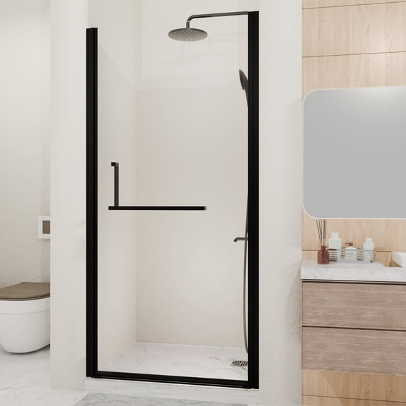 Noble House 33" Semi-Frameless Pivot Shower Door, Tempered Clear Glass, Reversible Adjustable Width, Matte Black