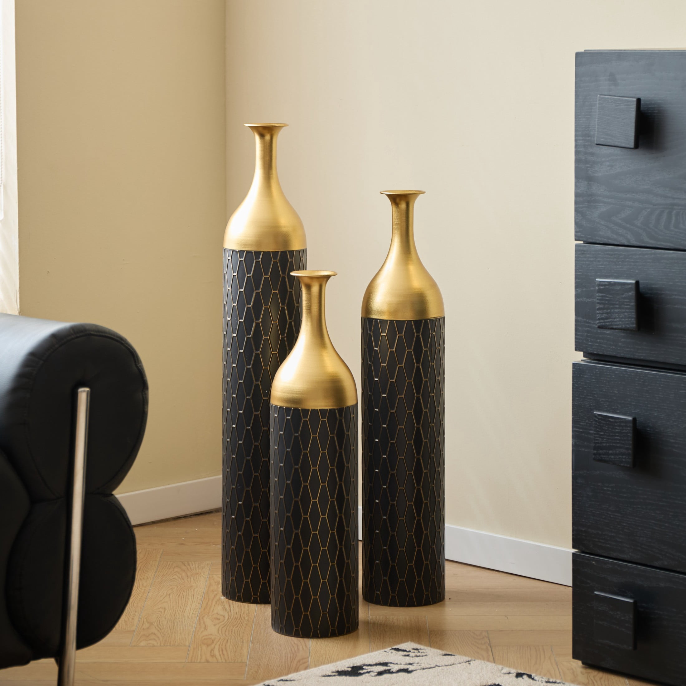 Noble House 34.25", 30.31", 24.8" Honeycomb Pattern Vase Set, 3-Piece Decorative Floor Vases, Black+Gold