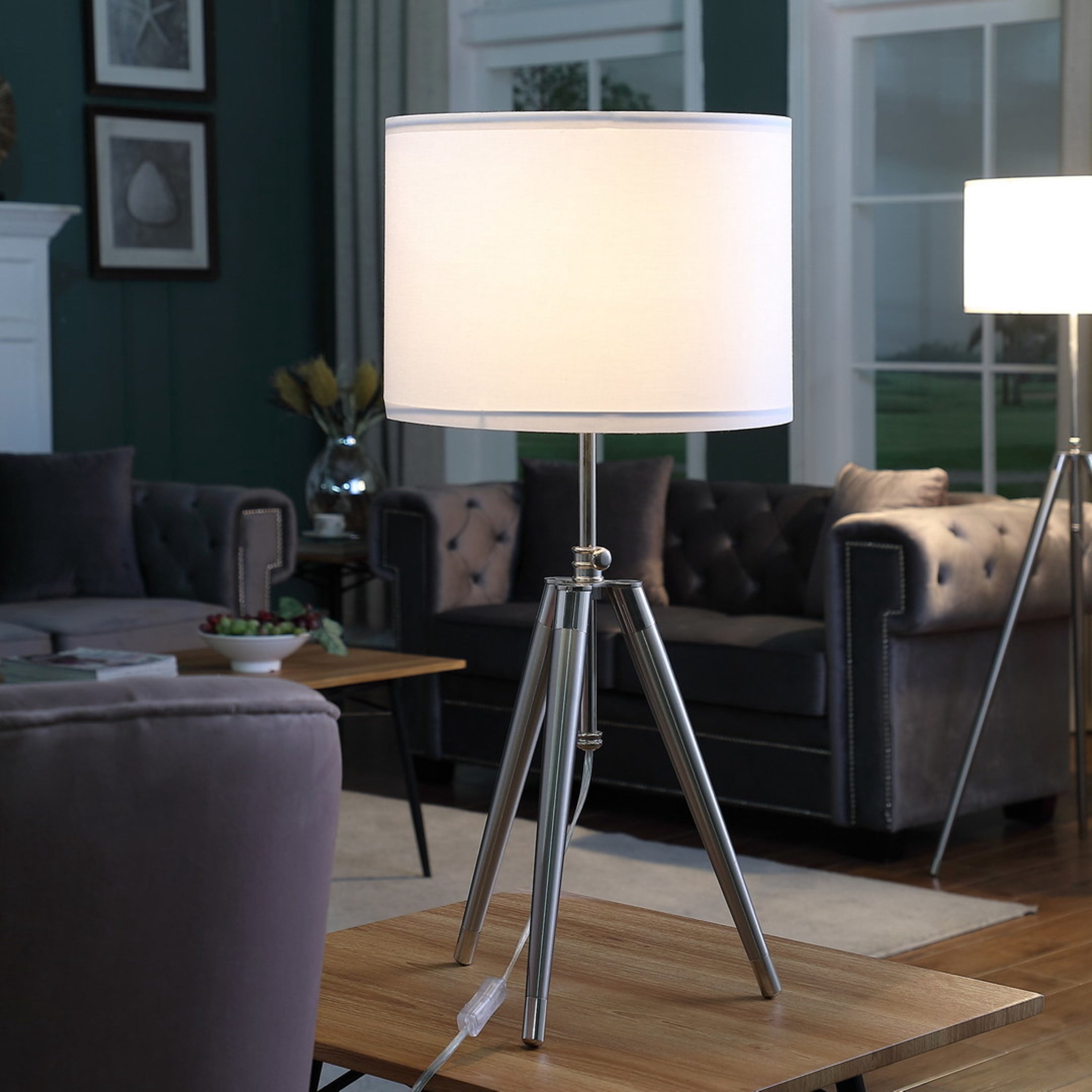 Noble House 34.25" Adjustable Tripod Table Lamp, Mid-Century Brushed & Chrome with Drum Shade, Silver
