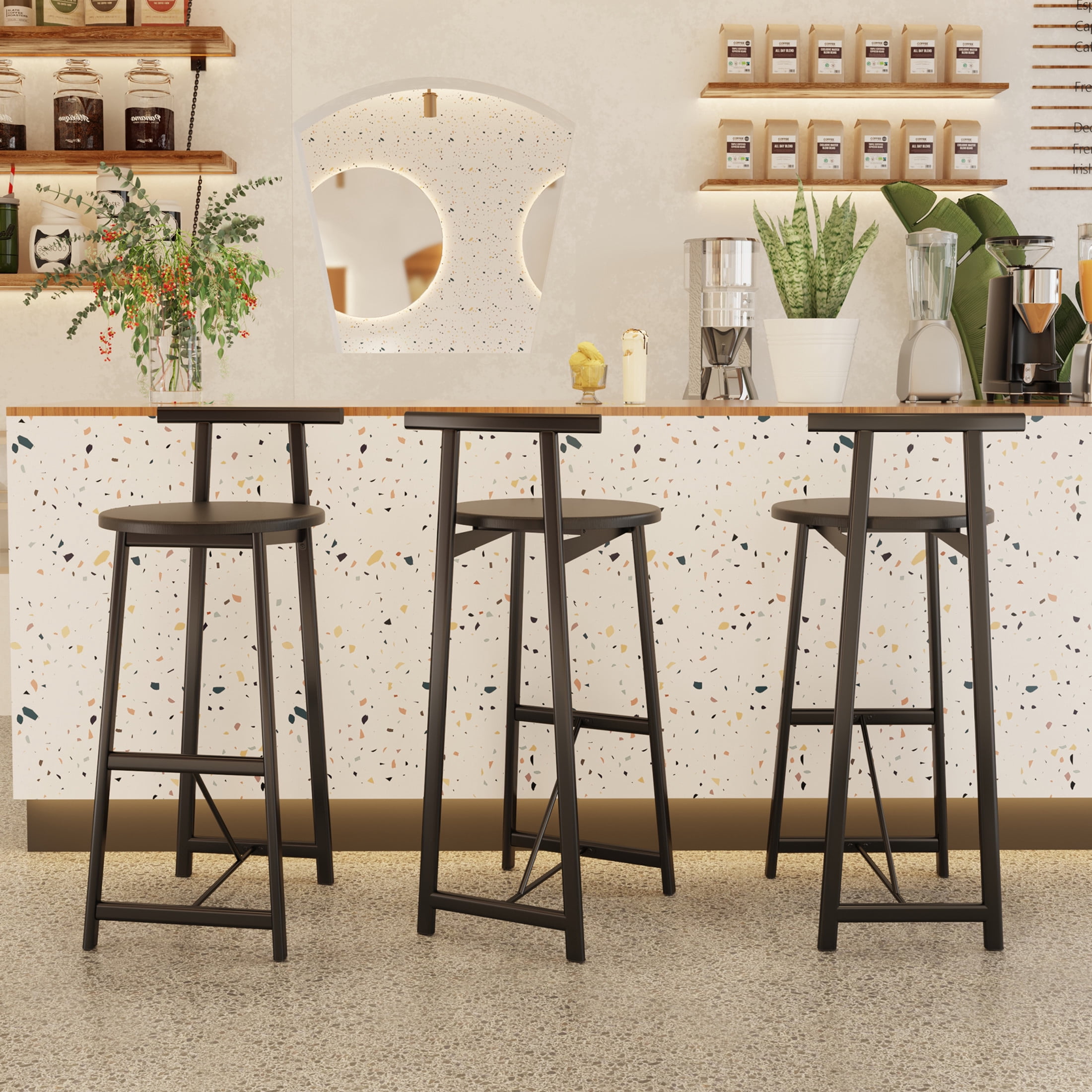 Noble House 34.25" Counter Height Bar Stools Set of 3 with Backrest & Footrest, Metal Frame, Black
