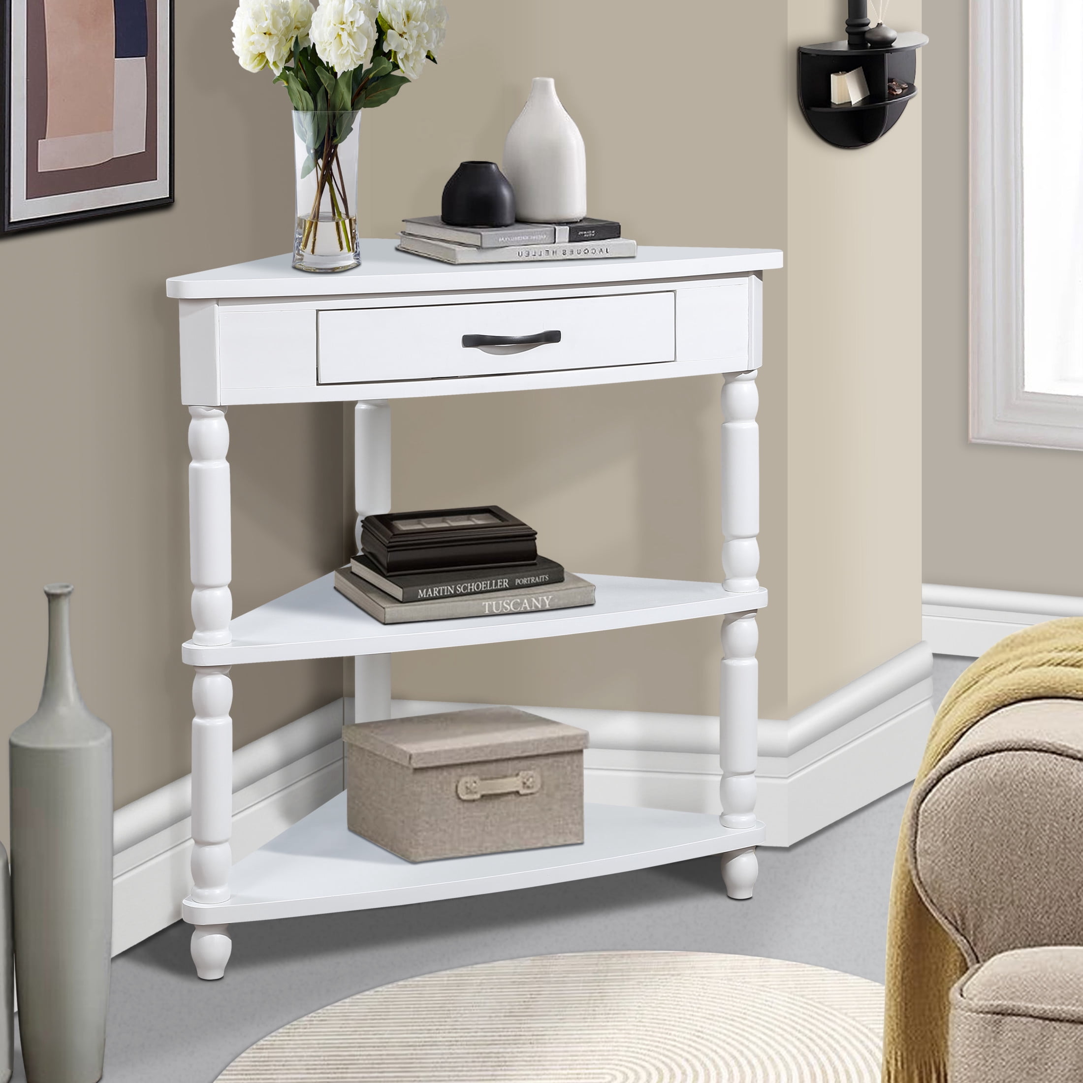 Noble House 34" Triangle Corner Table, MDF Table with Solid Wood Legs, Small Space/Living Room Side Table, Milk White
