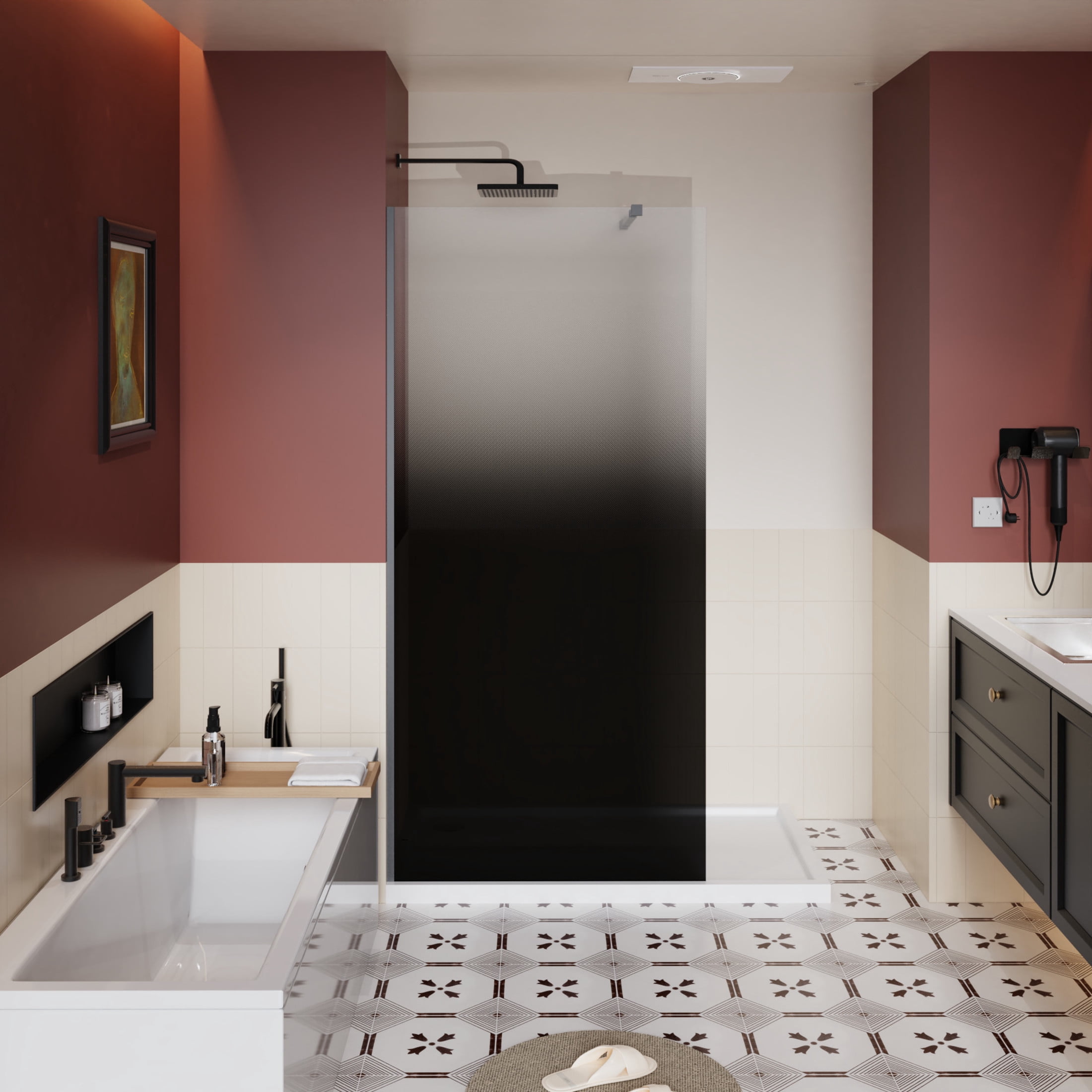 Noble House 34" x 72" Fixed Walk-In Shower Door, 1/4" Gradient Tempered Glass with Stainless Steel Support Rod, Black