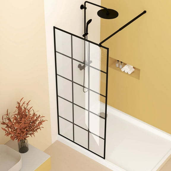 Noble House 34"x72" Framed Glass Shower Screen, Silk-printing Tempered Glass, Matte Black Finish