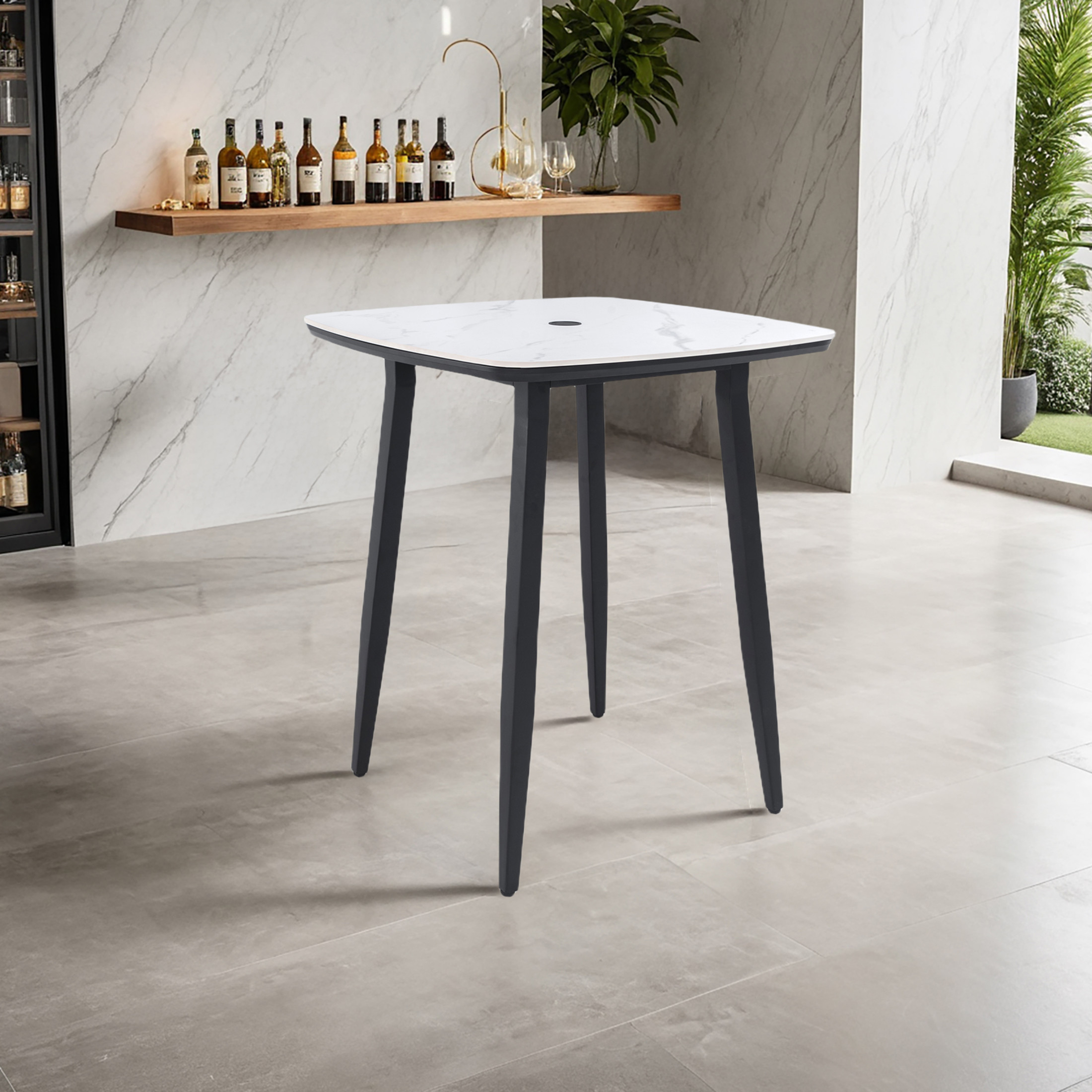Noble House 35.4" Outdoor Rounded Square Bar Table, Durable Sintered Stone Greek Top, Umbrella Hole, Ember Black + White
