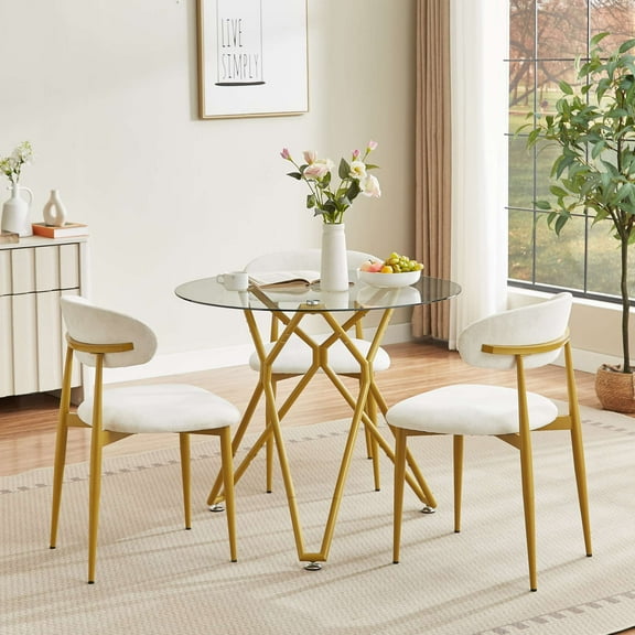 Noble House 35.4" Round Dining Table, Small Modern Kitchen Table with Tempered Glas, Dining Room Furniture, Gold