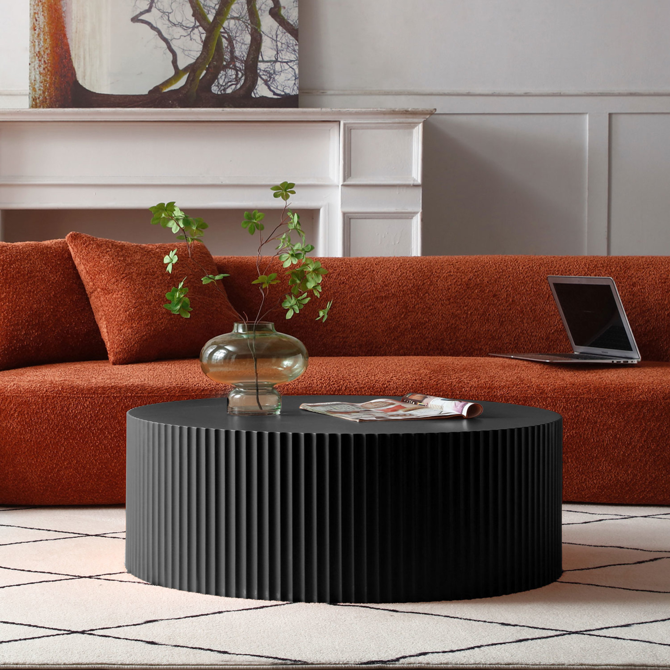 Noble House 35.43" Contemporary Round Coffee Table, MDF Drum with Handcrafted Relief, Modern Painted Finish, Matte Black