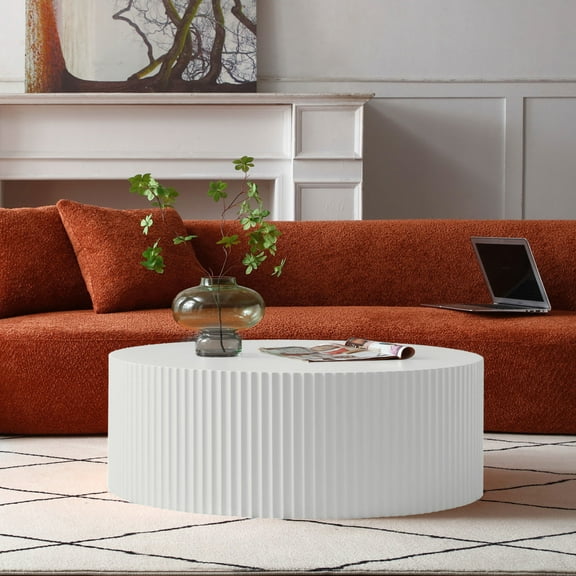 Noble House 35.43" Contemporary Round Coffee Table, MDF Drum with Handcrafted Relief, Modern Painted Finish, White