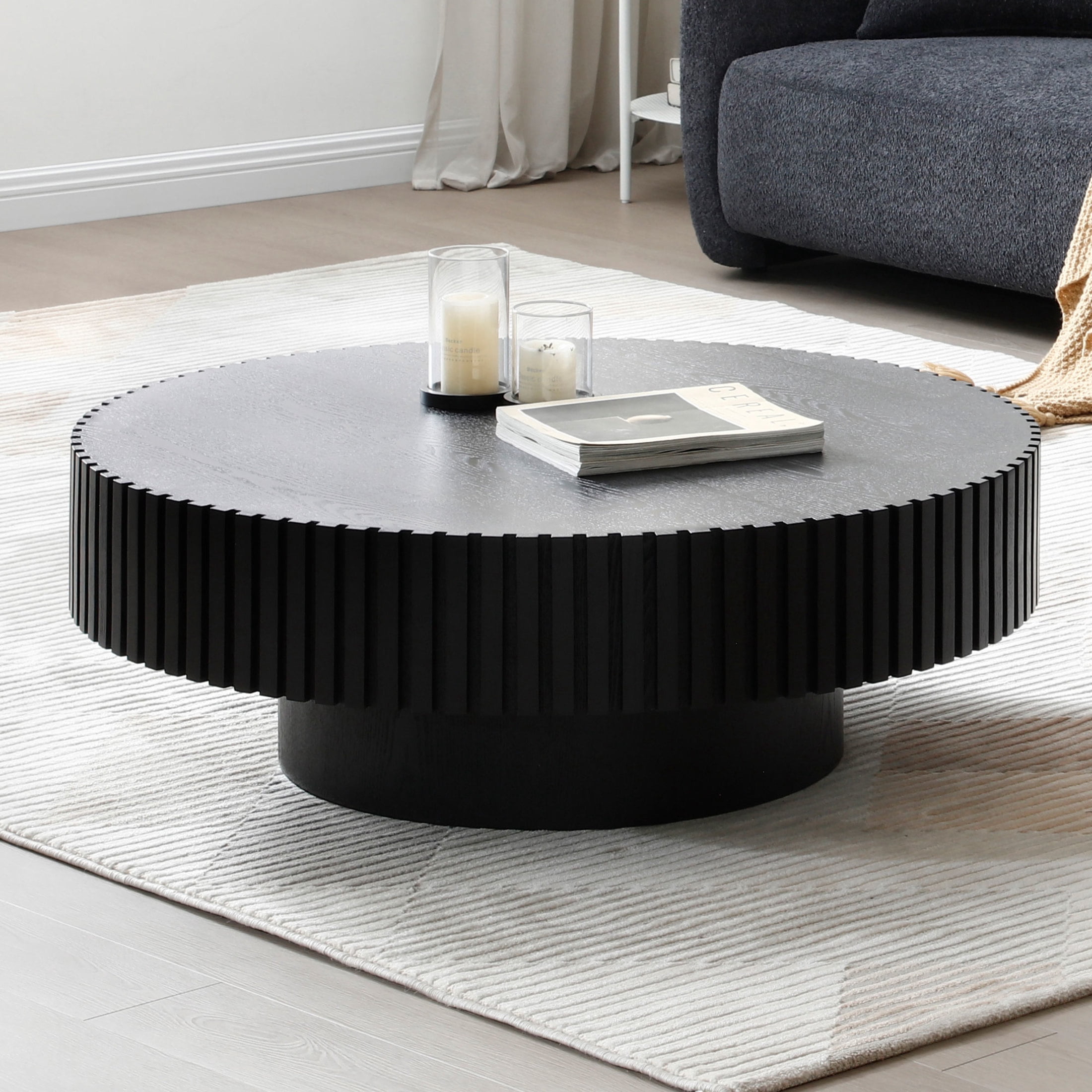 Noble House 35.43" Round Drum Coffee Table, with Sturdy Pedestal, Modern Mid Century Mushroom Design, Matt Black
