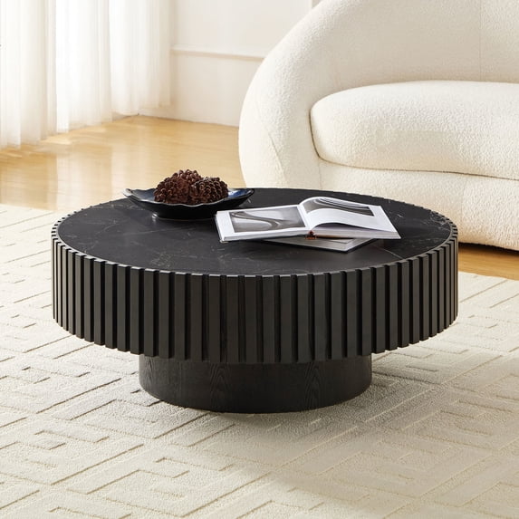 Noble House 35.43" Round Sintered Stone Coffee Table, Fluted Drum Pedestal, Modern Design for Apartment, Matt Black