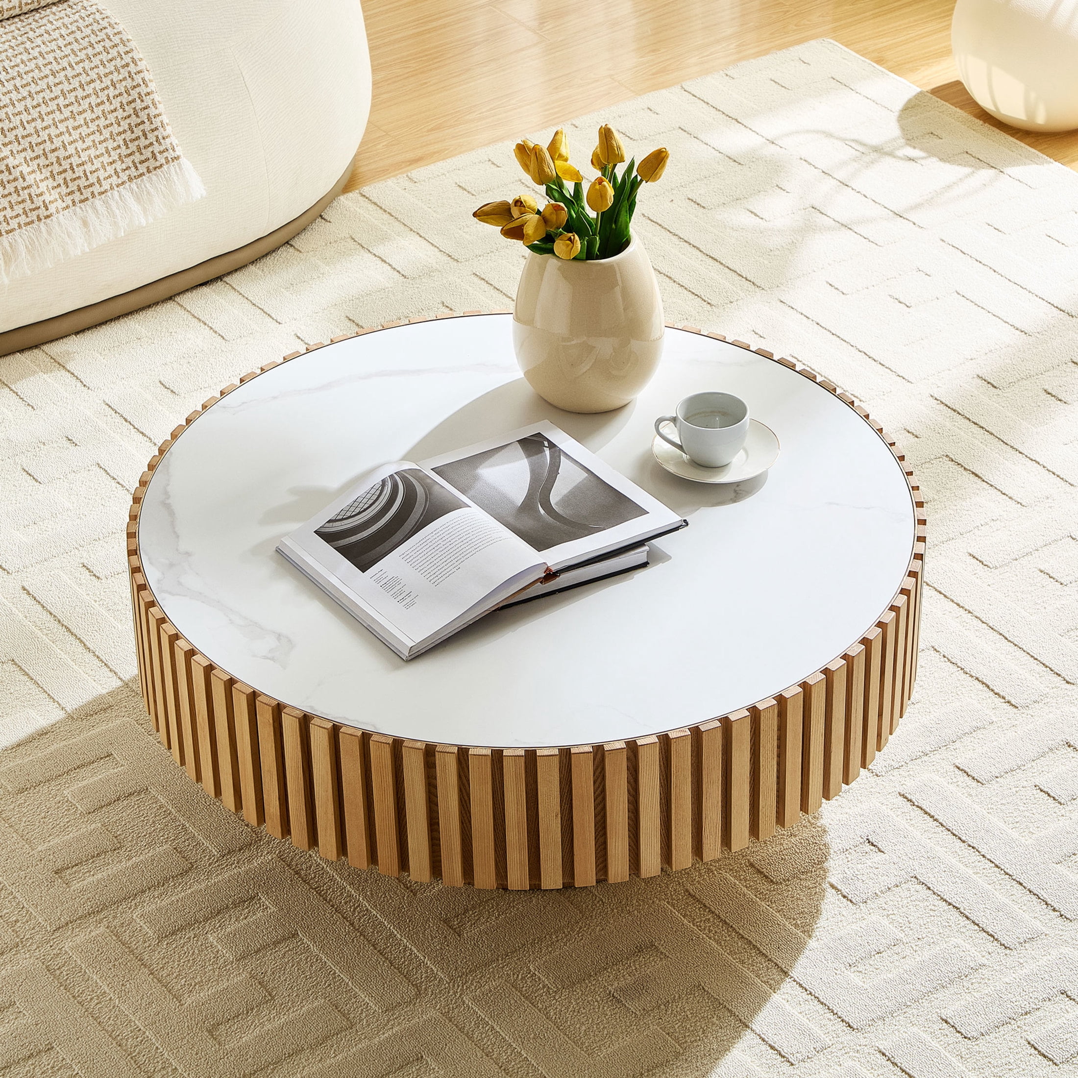 Noble House 35.43" Round Sintered Stone Coffee Table, Fluted Drum Pedestal, Modern Design for Apartment, Natural Ash