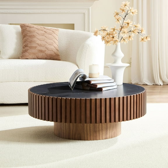 Noble House 35.43" Round Sintered Stone Coffee Table, Fluted Drum Pedestal, Modern Design for Apartment, Walnut
