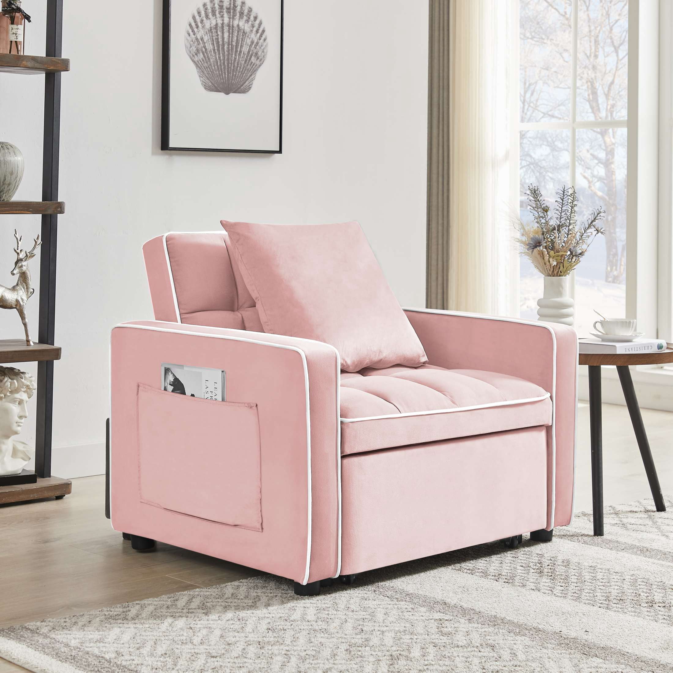 Noble House 35.43" Velvet 3-in-1 Sofa Bed Chair, Modern Adjustable Tufted Single Sleeper, for Small Space, Pink