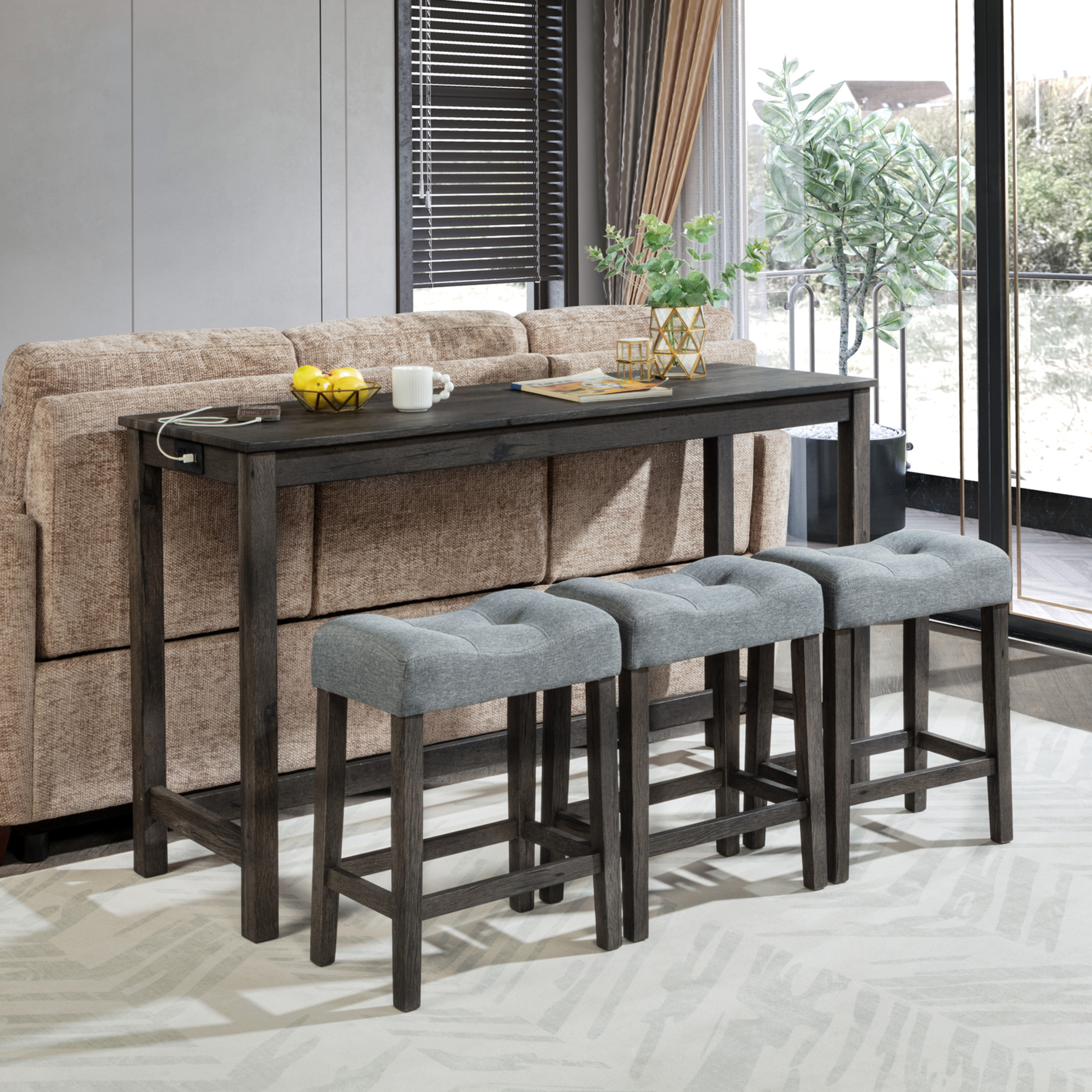 Noble House 35.5"H Dining Bar Table Set with Power Outlet, Upholstered Counter Stools for 3, Dark Gray Finish