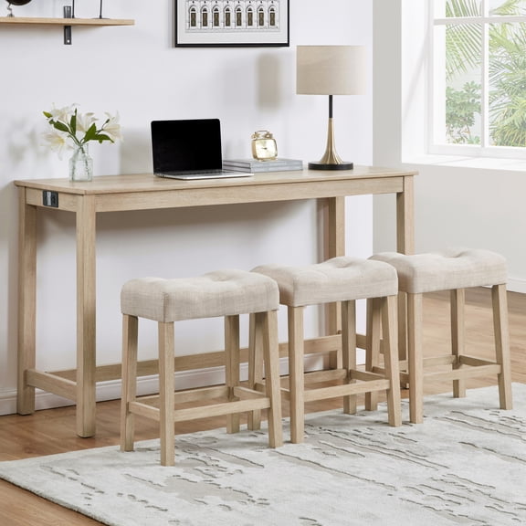 Noble House 35.5"H Dining Bar Table Set with Power Outlet, Upholstered Counter Stools for 3, Light Oak Finish