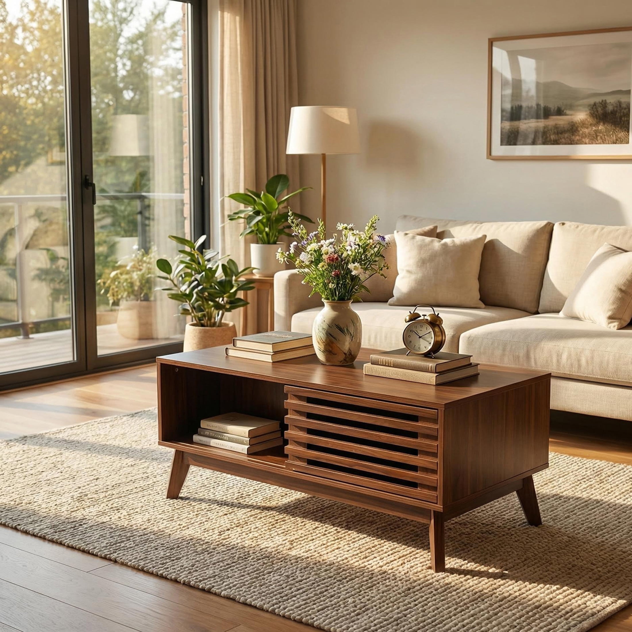 Noble House 35" Lift Top Coffee Table with Hidden Storage, Mid-Century Table with Slatted Sliding Door, Walnut