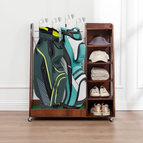 Noble House 35" Mobile Wooden Golf Bag Organizer, Garage Clubs Storage Rack with Lockable Casters, Brown
