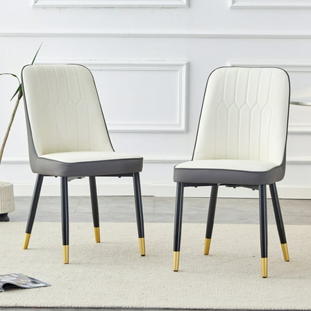 Noble House 35" Modern Dining Chairs, PU Leather Seat & Back Side Chairs, Metal Legs, White & Gray, Set of 2
