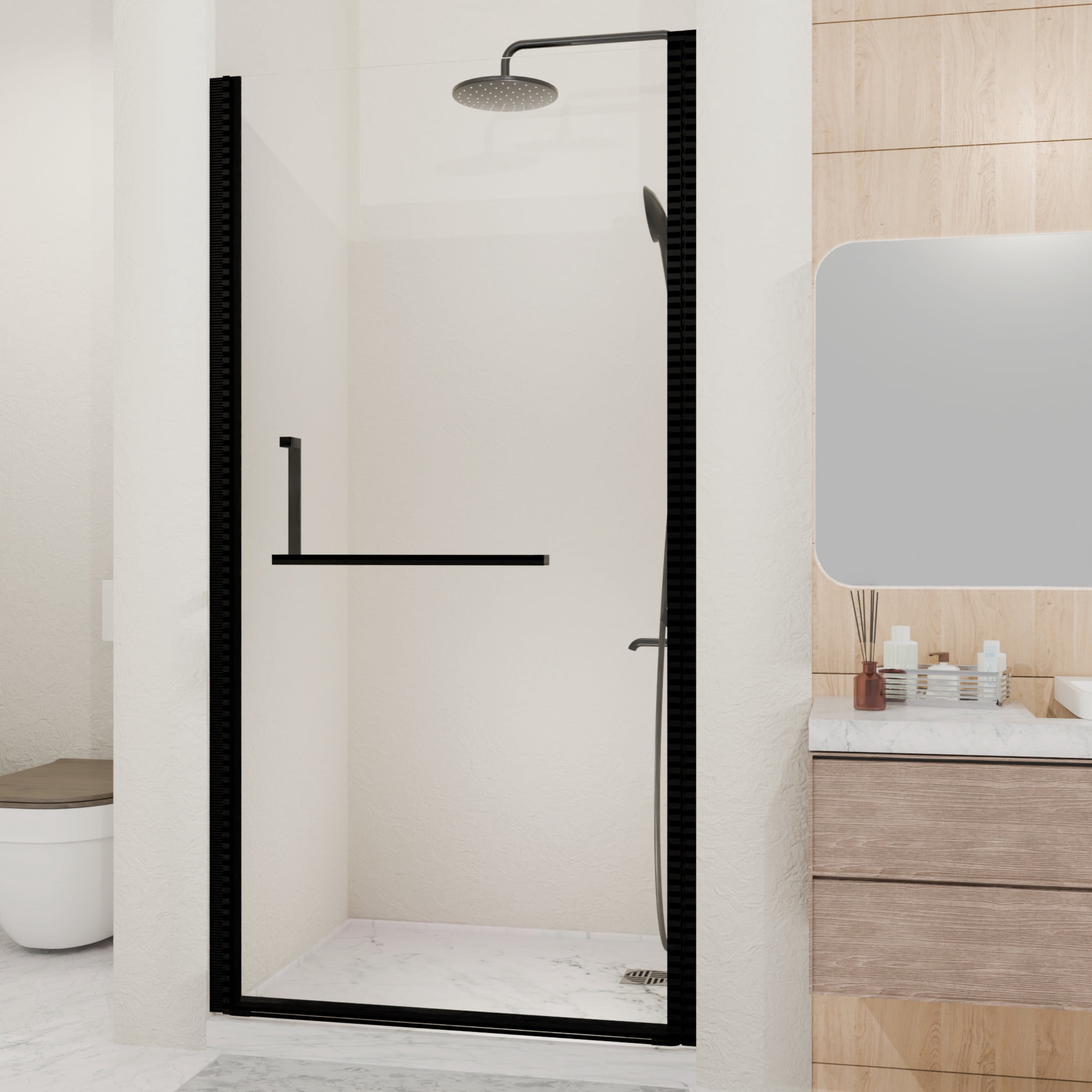 Noble House 35" Semi-Frameless Pivot Shower Door, Tempered Clear Glass, Reversible Adjustable Width, Matte Black
