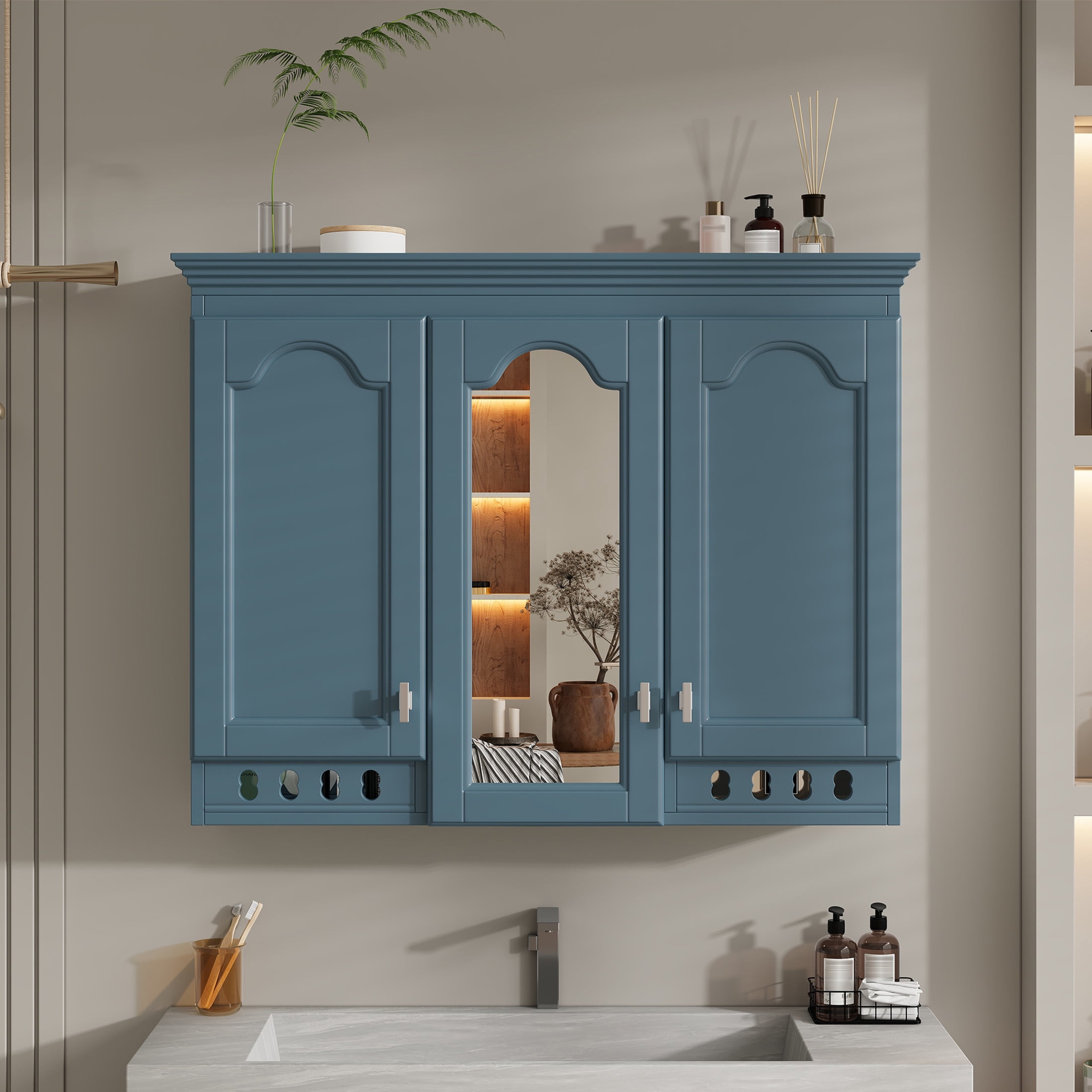 Noble House 35" Wall Mounted Mirror Cabinet with Adjustable Shelves, Soft-Close Hinges, Blue