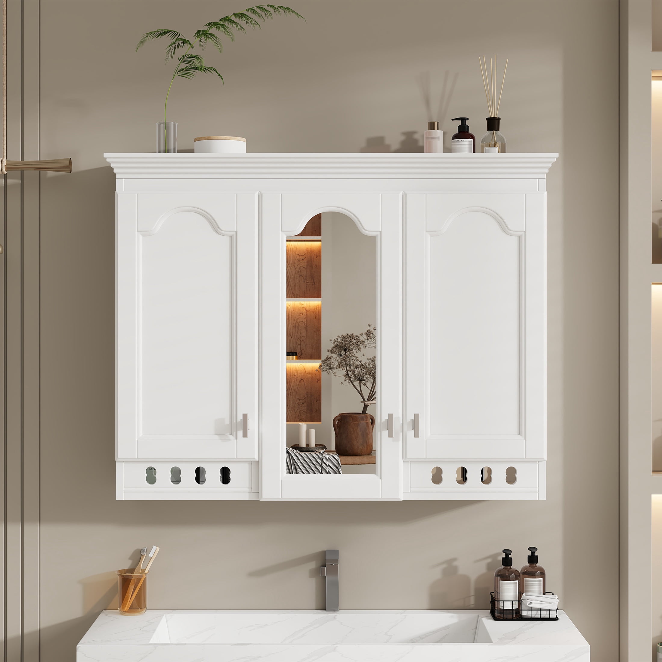Noble House 35" Wall Mounted Mirror Cabinet with Adjustable Shelves, Soft-Close Hinges, White