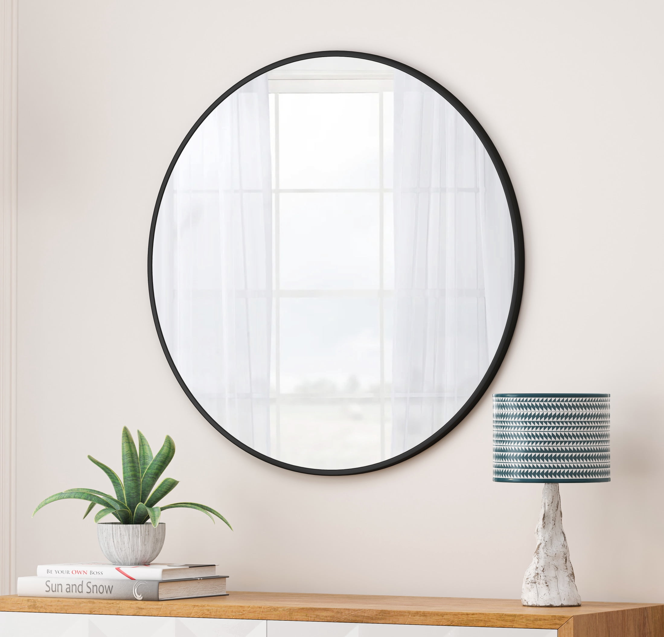 Noble House 36" Circular Wall Mirror, Metal-Framed Moisture-Resistant Vanity Mirror, for Bathroom, Wall Decor, Black