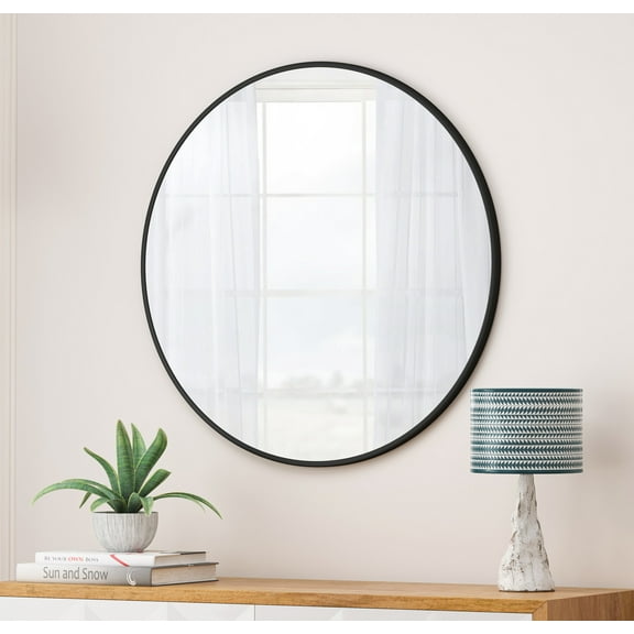 Noble House 36" Circular Wall Mirror, Metal-Framed Moisture-Resistant Vanity Mirror, for Bathroom, Wall Decor, Black