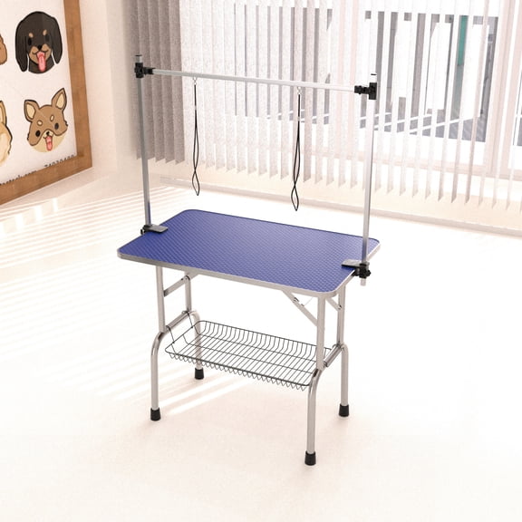 Noble House 36" Folding Dog Pet Grooming Table with Adjustable Arm, Stainless Steel Frame, Non-Slip Rubber Top, Blue
