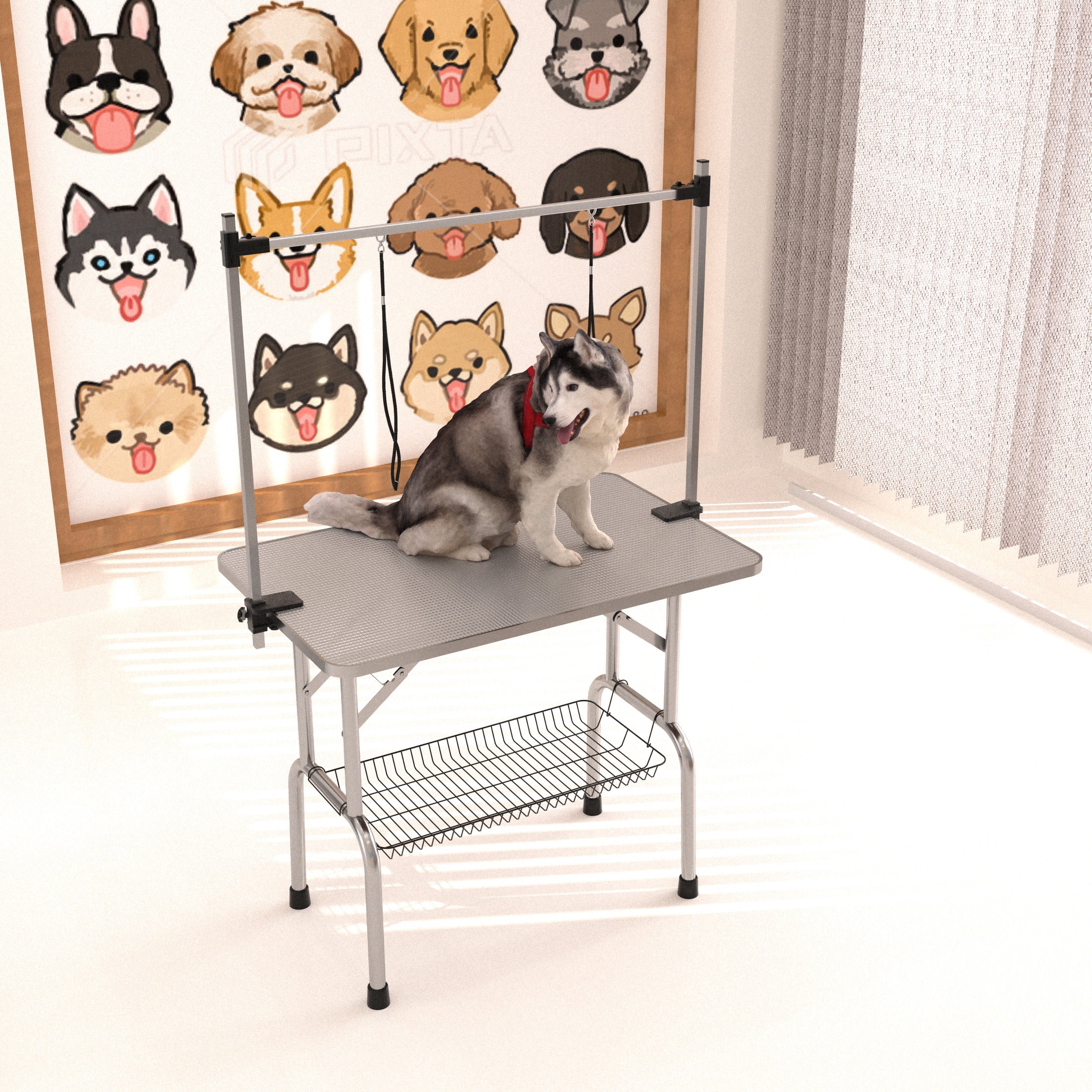 Noble House 36" Folding Dog Pet Grooming Table with Adjustable Arm, Stainless Steel Frame, Non-Slip Rubber Top, Grey