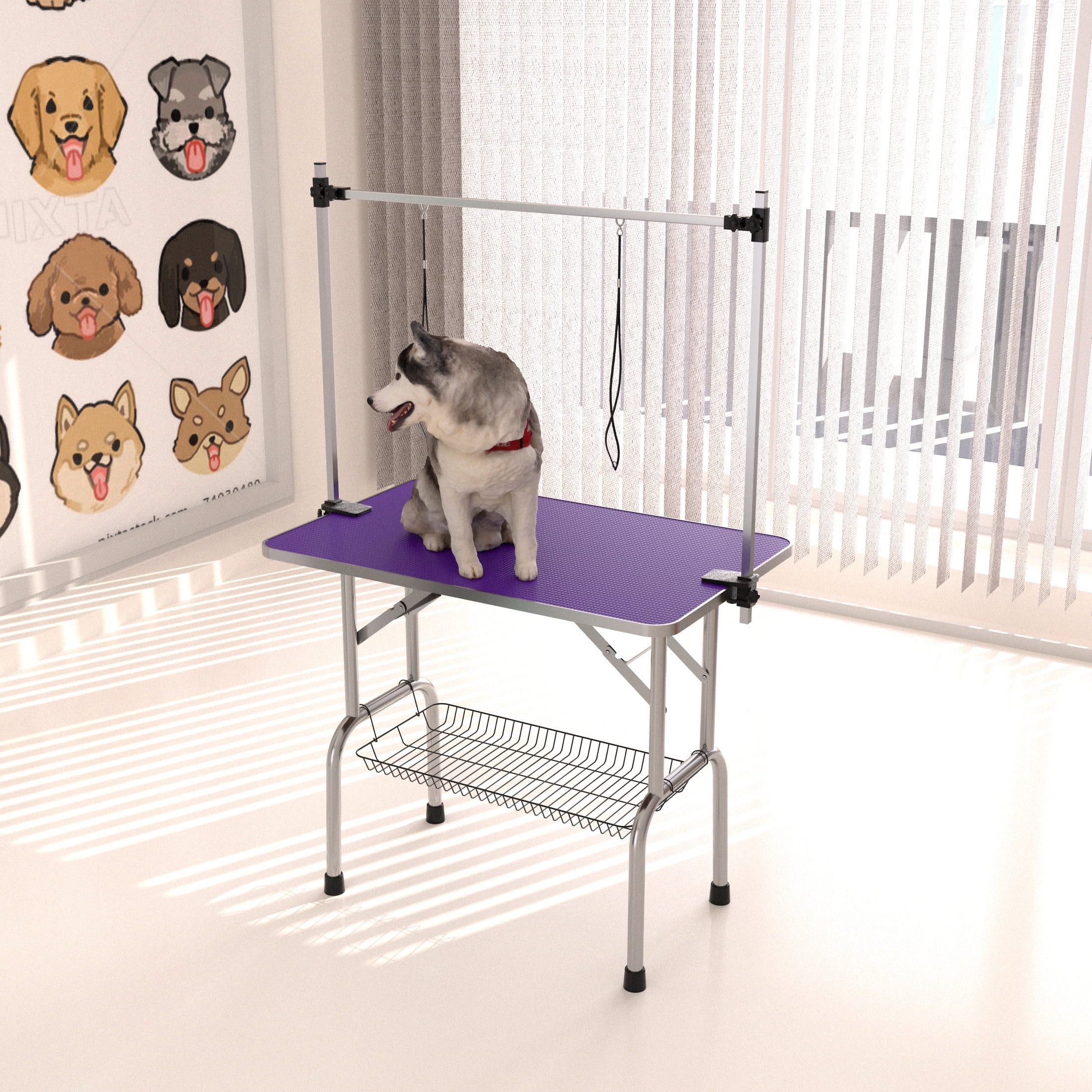 Noble House 36" Folding Dog Pet Grooming Table with Adjustable Arm, Stainless Steel Frame, Non-Slip Rubber Top, Purple