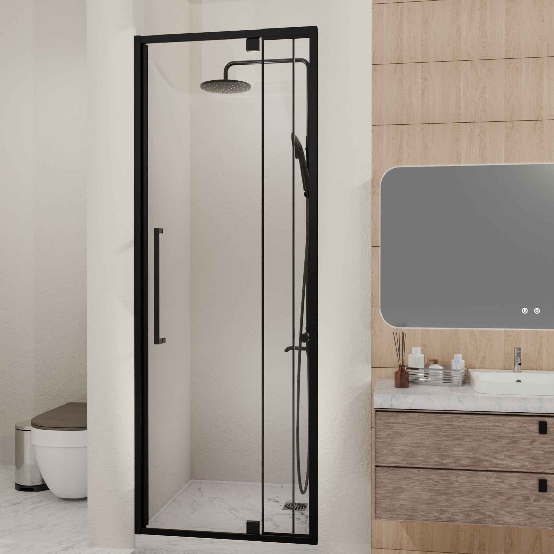 Noble House 36" Pivot Hinged Glass Shower Door, Adjustable Semi-Frameless Reversible Shower Door, Matte Black