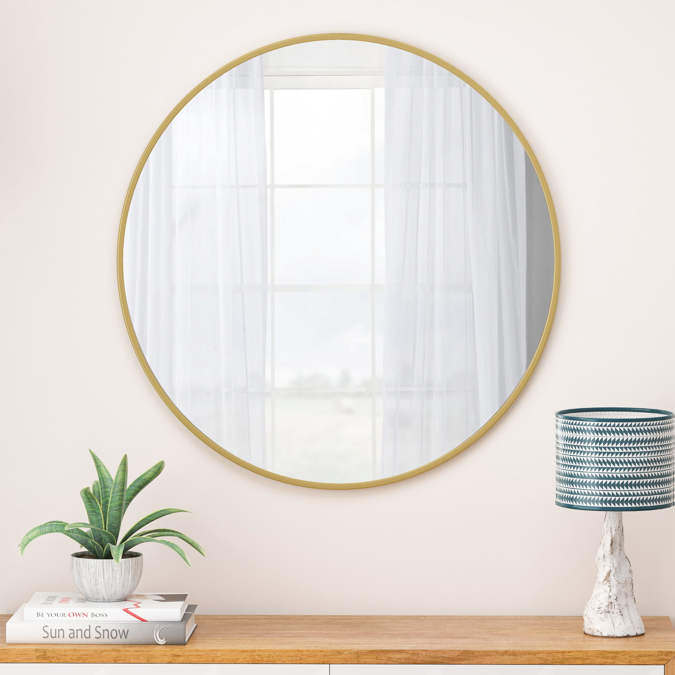 Noble House 36" Round Metal Wall Mirror, Modern Circular Vanity & Decorative Mirror for Bathroom & Bedroom, Gold