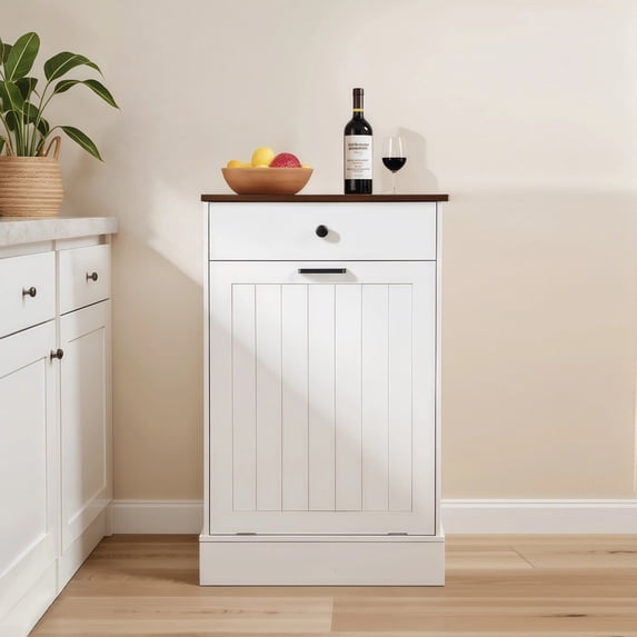 Noble House 36" Tilt-Out Trash Can Cabinet, Farmhouse Wooden Bin Cupboard with Drawers and Laundry Hamper, White