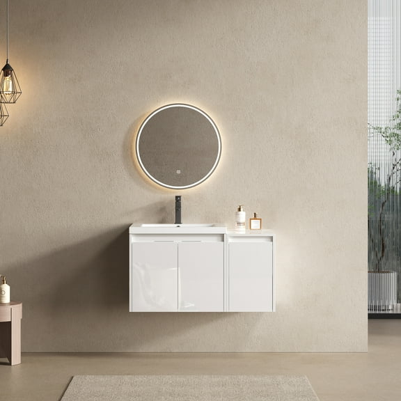 Noble House 36" Wall-Mounted Bathroom Vanity, Resin Sink, Plywood Soft-Close Doors, Side Cabinet, Glossy White