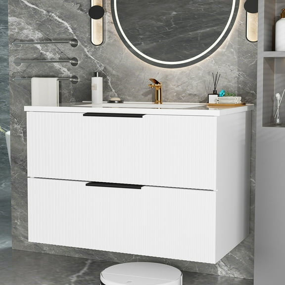 Noble House 36" Wall Mounted Floating Bathroom Vanity with Sink, 2 Drawers, Modern Cabinet, Matte White