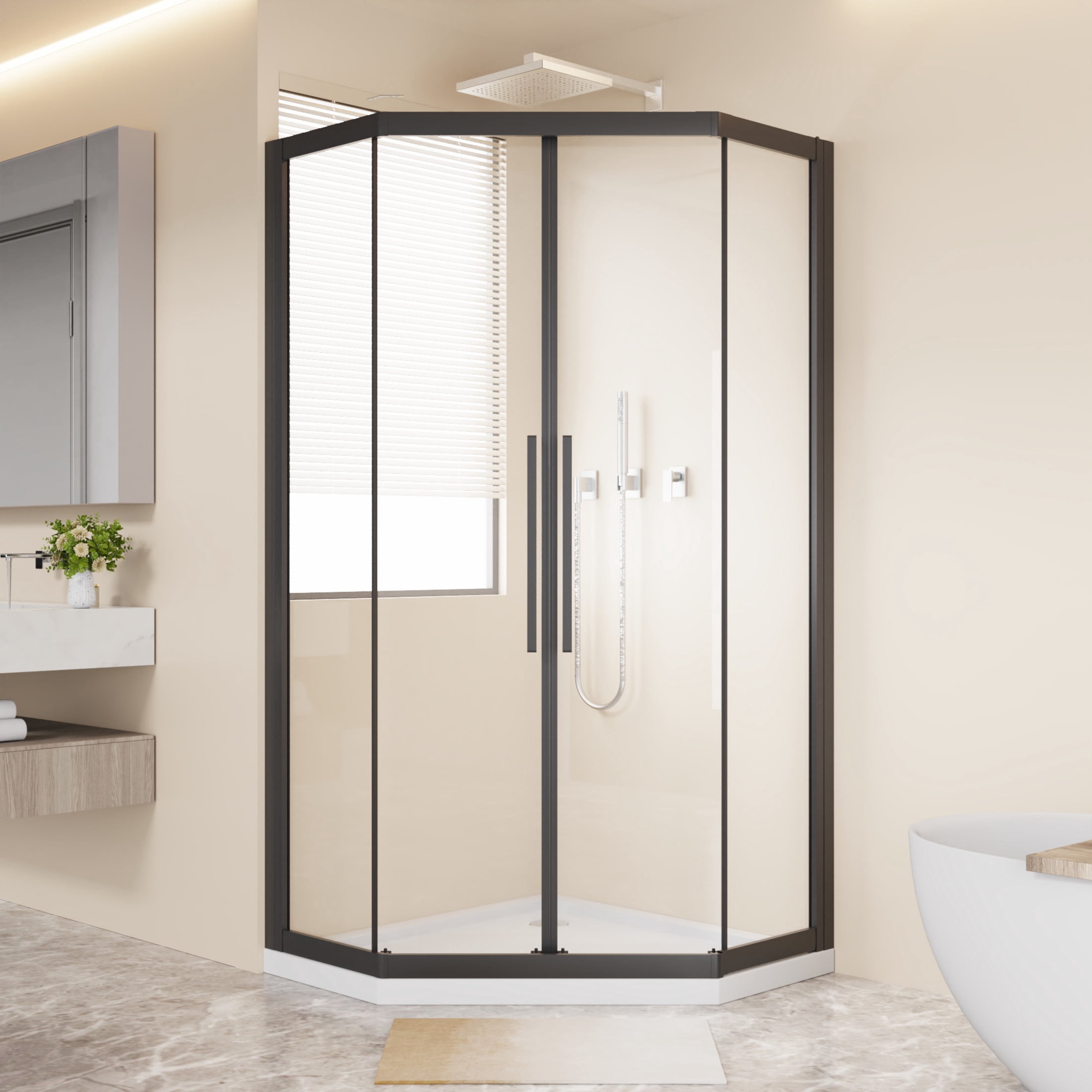 Noble House 36" x 72" Neo-Angle Sliding Shower Enclosure, Clear Tempered Glass Diamond Shower Door, Matt Black