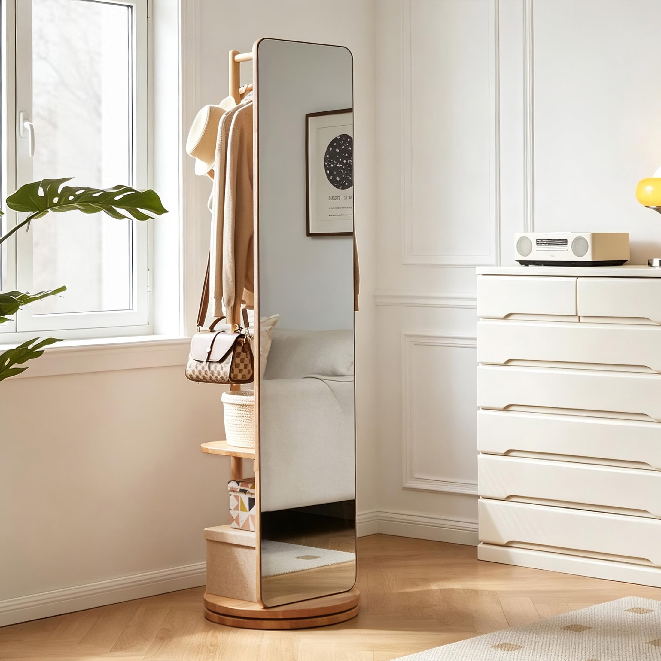 Noble House 360° Rotatable Full-Length Standing Body Mirror with Coat Rack & Storage Shelves, Dressing Mirror, Natural