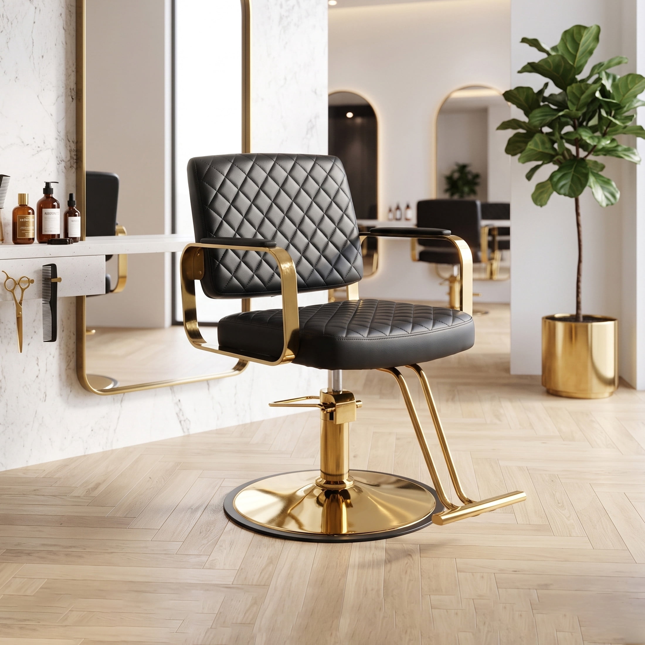 Noble House 360° Swivel Adjustable Salon Styling Chair, Diamond-Quilted PU Upholstery, Black+Gold