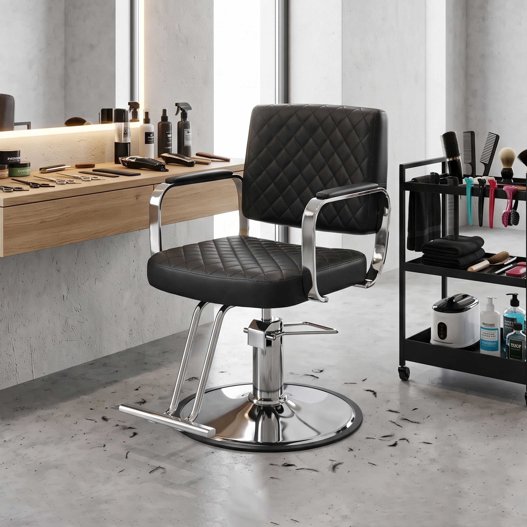 Noble House 360° Swivel Adjustable Salon Styling Chair, Diamond-Quilted PU Upholstery, Black+Silver