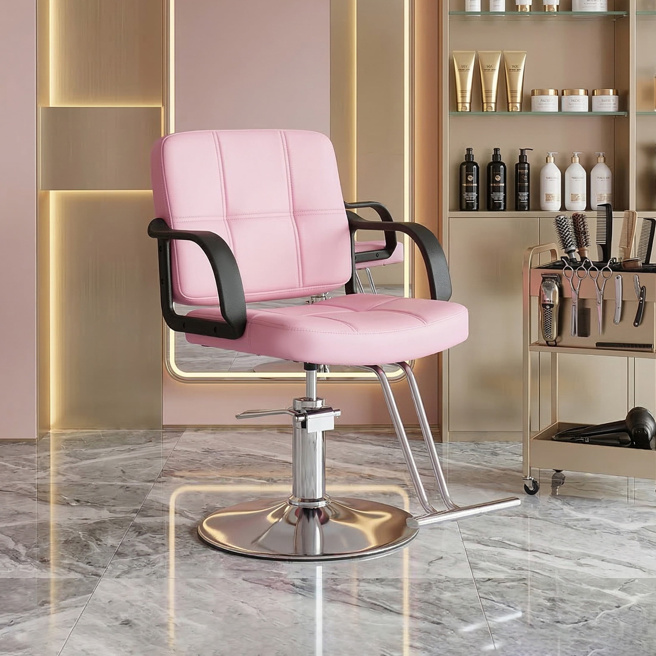 Noble House 360° Swivel Barber Chair, Hydraulic Height Adjustable, PU Upholstery, Pink + Chrome