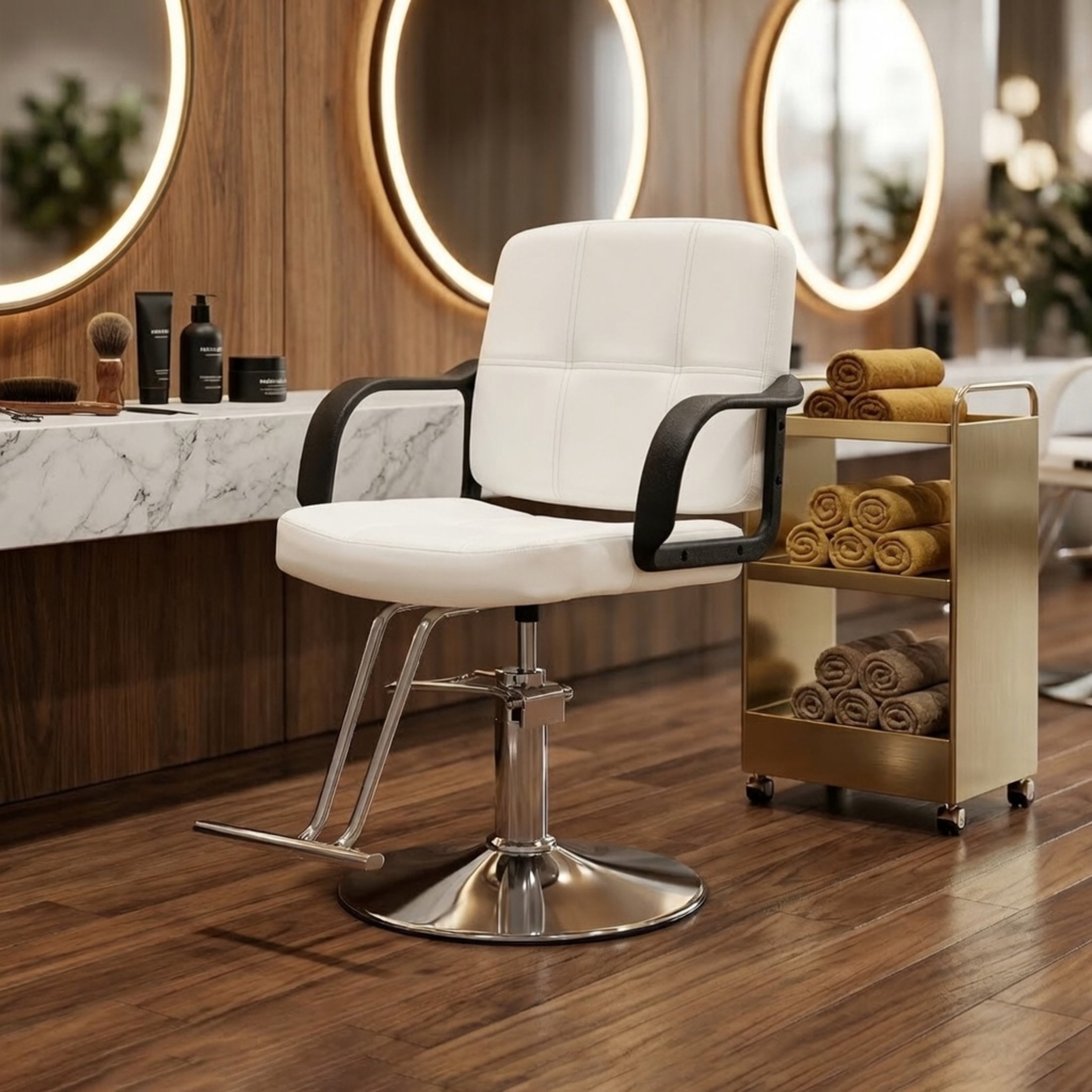 Noble House 360° Swivel Barber Chair, Hydraulic Height Adjustable, PU Upholstery, White + Chrome