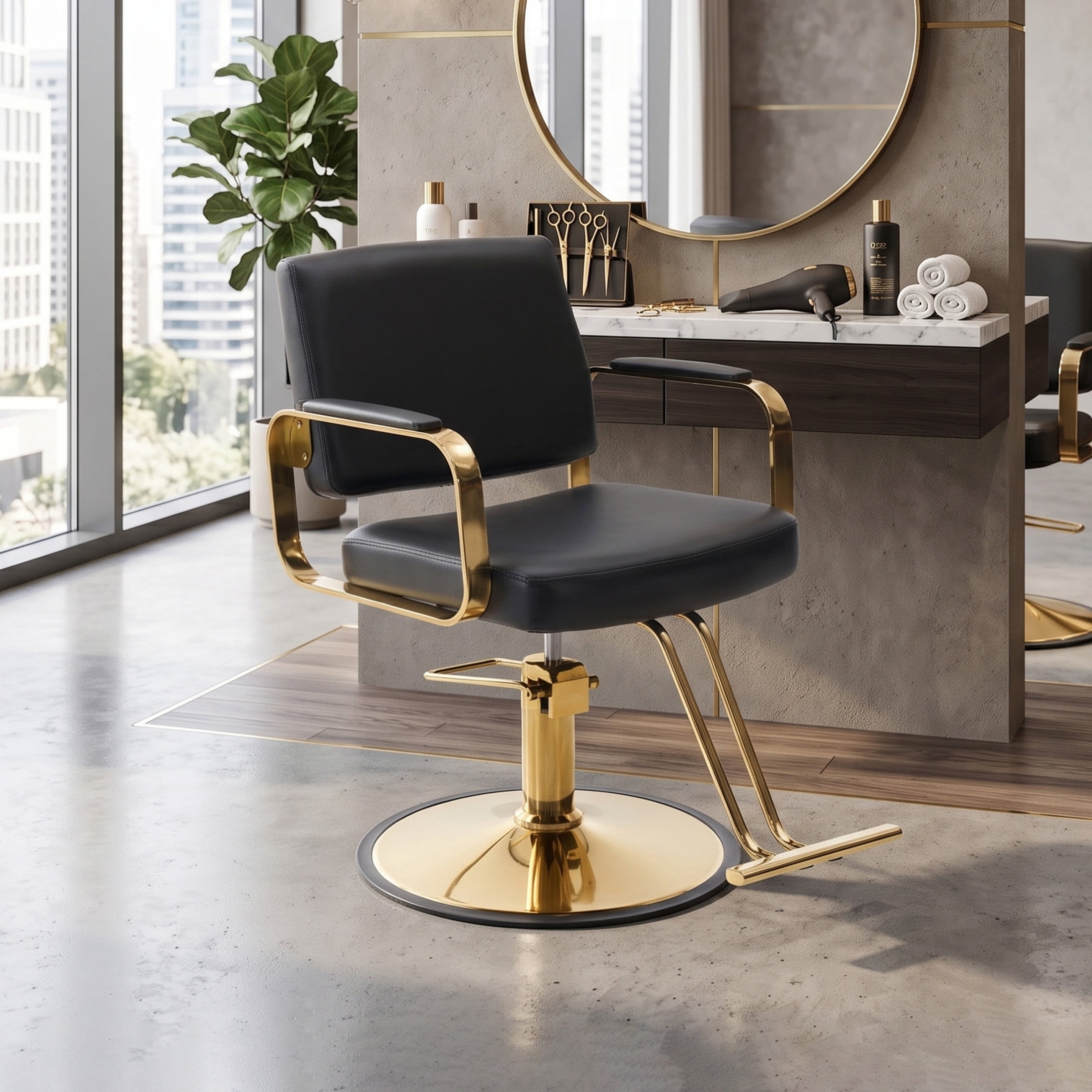 Noble House 360° Swivel Salon Styling Chair with Footrest, Adjustable Height, Black + Gold