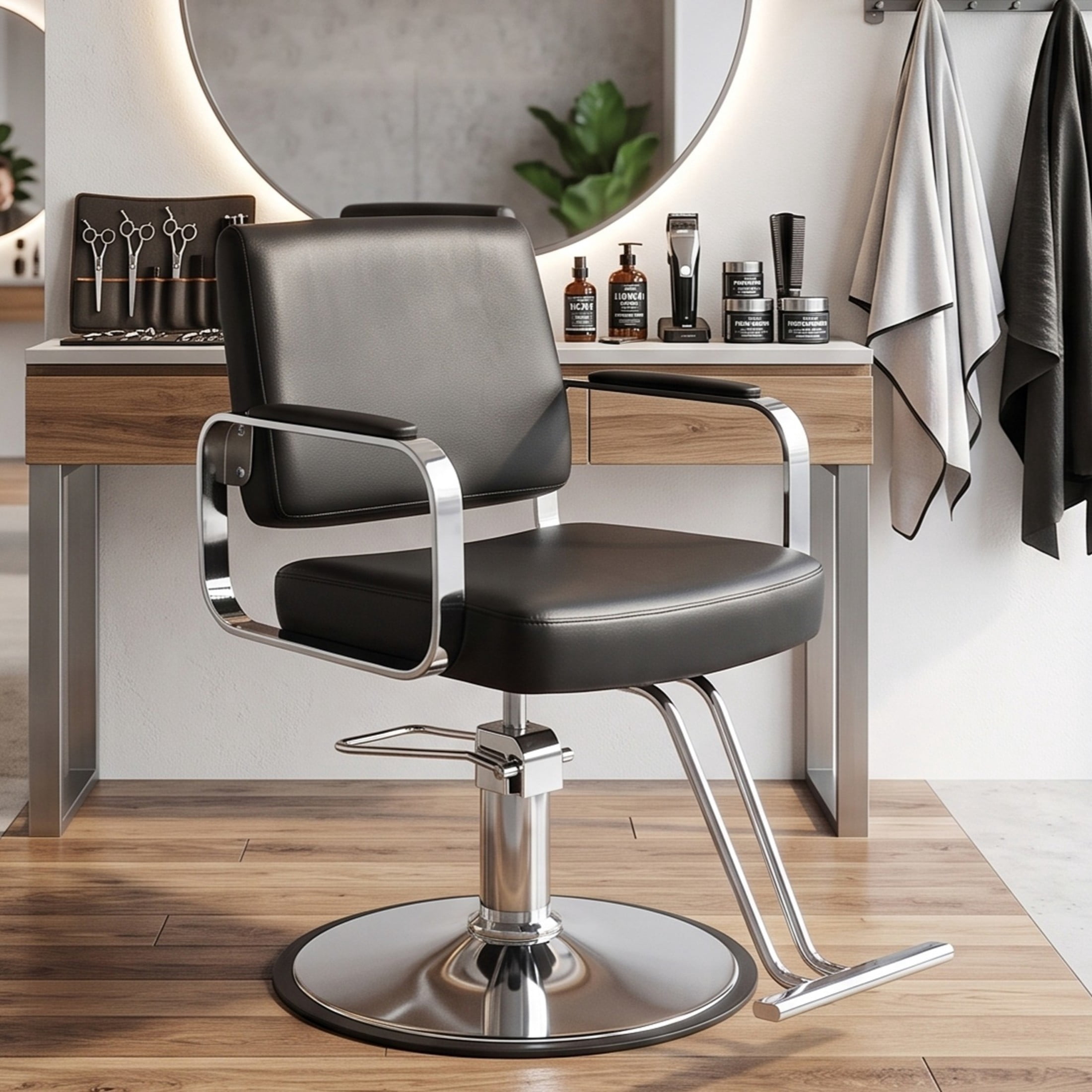 Noble House 360° Swivel Salon Styling Chair with Footrest, Adjustable Height, Black + Silver