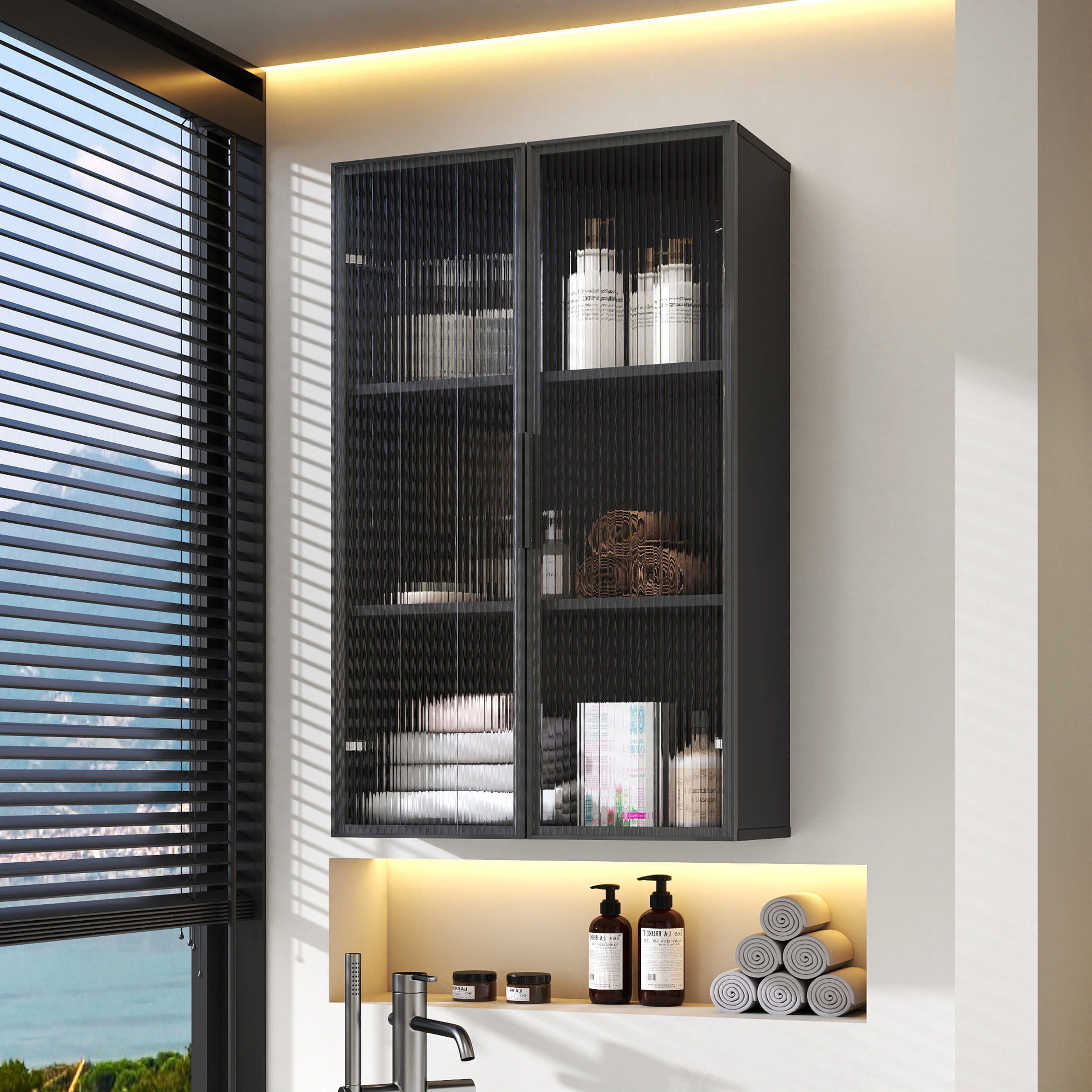 Noble House 37.4" Wall Mounted Storage Cabinet with Metal Glass Doors, 3-Tier Floating Bathroom Cabinet, Black