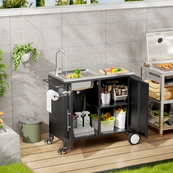 Noble House 38" Outdoor Grill Cart with Stainless Steel Sink, Rolling Prep Table with Cabinet & Lockable Wheels, Black