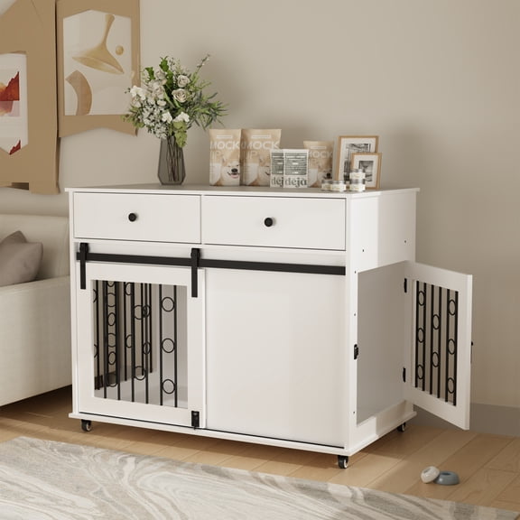 Noble House 39.37" Modern Dog Crate Furniture with Sliding Barn Door and Drawers, Pet Kennel with Lockable Wheels, White