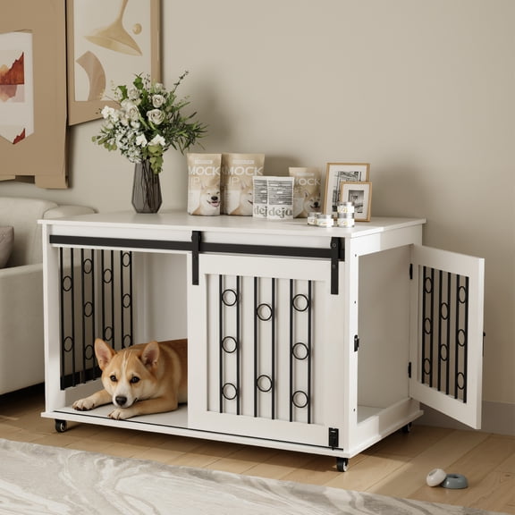 Noble House 39.37" Modern Dog Crate Furniture with Sliding Barn and Side Door, Lockable Wheels Indoor Kennel, White