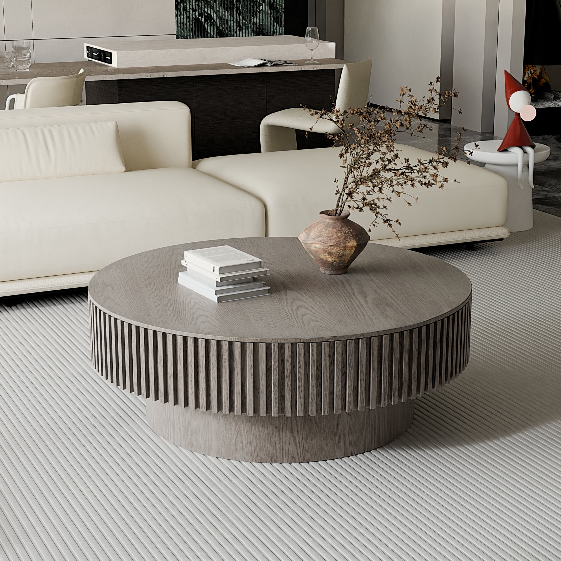 Noble House 39.37" Round Coffee Table, Solid Wood Veneer Drum with Hidden Storage, Fluted Design, for Living Room, Grey