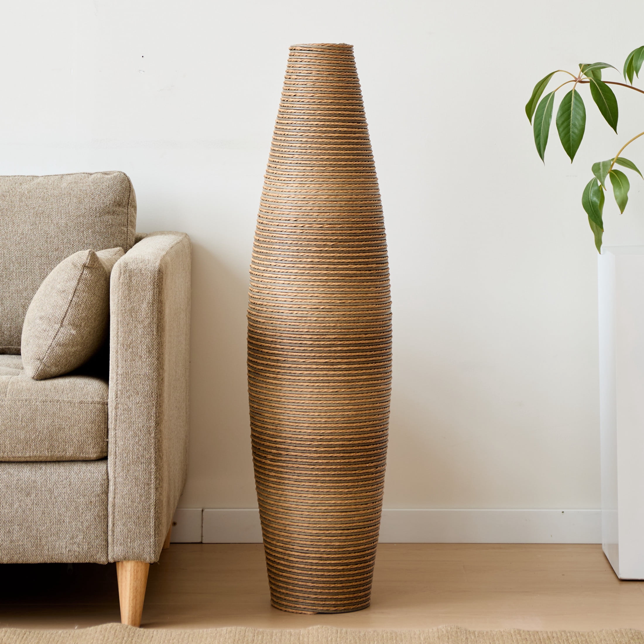 Noble House 39.37" Tall Handcrafted PVC Floor Vase, Rattan-Like Textured Decorative Vase, Beige